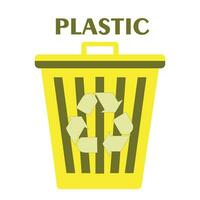 Container for sorting garbage. Isolated yellow waste bin for recycling plastic wastes. Vector flat cartoon illustration of bucket for plastic bottles and litter. Ecological theme.