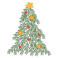 Navidad árbol hecho de muérdago ramas con bayas, naranjas y estrella. nuevo año rojo y amarillo decoración, fiesta antecedentes y festivo elemento. Navidad y nuevo año póster. vector