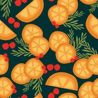 naranja rebanadas en oscuro sin costura modelo. agrios Fruta antecedentes con arándanos y muérdago. Navidad reflexionado vino modelo para bandera, tarjeta postal, embalaje, póster. vector