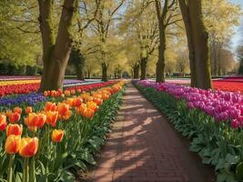 Alley among colorful tulips keukenhof park lisse in holland Generative Ai photo