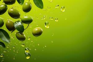 Green olives and olive branch with water drops on a green background AI Generative photo