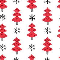 Winter doodle seamless pattern with red Christmas tree and snowflakes vector