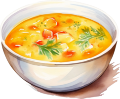 soup in bowl. Watercolor hand drawn illustration png