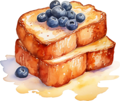 French toast with berries and maple syrup. Watercolor hand drawn illustration png