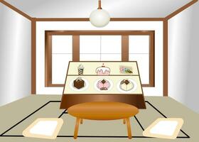 a bakery shop with glass window and bakery products. vector