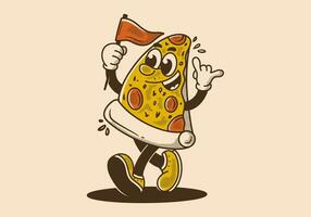 Mascot character illustration of walking pizza, holding a flag vector