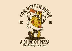 A slice of pizza for better mood. Mascot character illustration of walking pizza, holding a flag vector