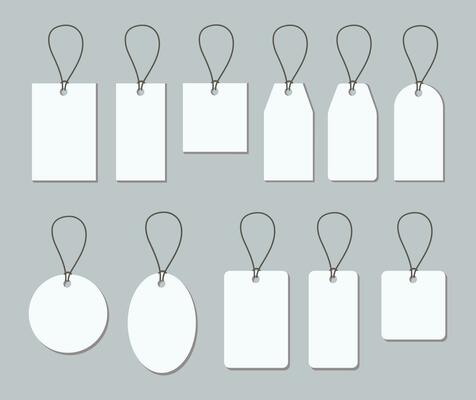 Set of blank paper price tag labels with cord vector illustration