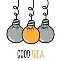 Light bulb with shining light. Cartoon style. Flat style. Hand drawn style. Doodle style. Symbol of creativity, innovation, inspiration, invention and ideas. Vector illustration