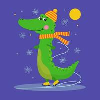 A cheerful cartoon crocodile is skating on a skating rink. Skates, Winter sports. Crocodile in warm knitted clothes, hat and scarf ice skating, figure skating. Winter accessories. New Year, Christmas. vector