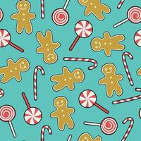 Pattern Cartoon sweets, candies, lollipops and gingerbread man. Festive food, sweet dessert. Christmas, New Year. Traditional homemade baked goods. Seamless background. Vector illustration.