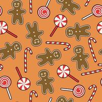 Pattern Cartoon sweets, candies, lollipops and gingerbread man. Festive food, sweet dessert. Christmas, New Year. Traditional homemade baked goods. Seamless background. Vector illustration.