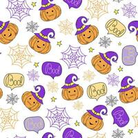 Pattern. Halloween, vector icons of pumpkin in a wizard's hat. Web. Drawings, doodles.Cute smiling Halloween pumpkin. Evil pumpkin. Vector print, repeating background for textile, wrapping paper.