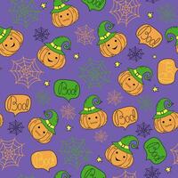 Pattern. Halloween, vector icons of pumpkin in a wizard's hat. Web. Drawings, doodles.Cute smiling Halloween pumpkin. Evil pumpkin. Vector print, repeating background for textile, wrapping paper.