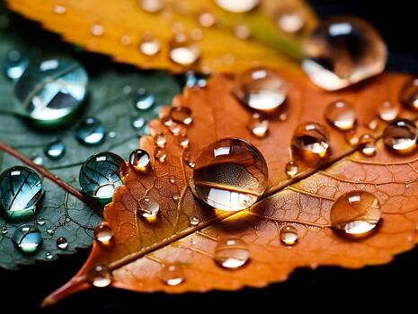 Autumn leaves with drop of dew, close up macro detailed background. Falling leaves natural backdrop. AI Generated photo