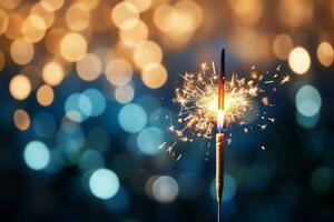 Sparkler celebration. Blurred bokeh golden and blue background with copy space. Sparkles burning during New Year. AI generated photo