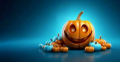 Halloween banner. Smiling scary pumpkin, Jack-o-lanterns isolated on blue background. 3D rendering illustration for party poster, horizontal panoramic backdrop with copy space. AI Generated photo