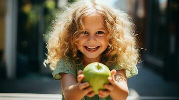 de cerca retrato de linda alegre pequeño rubia niña con verde manzana en su manos. Fresco granja fruta. contento niño sonrisa y participación manzana. ai generado foto