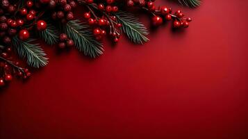 Beautiful celebratory Christmas red background with fir or pine branches and rowan berries. New Year's holidays. Top view with copy space. AI generated photo