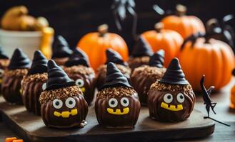 de miedo Víspera de Todos los Santos magdalenas con brujas cara y sombrero en de madera mesa. hecho en casa Víspera de Todos los Santos fiesta trata para niños. borroso calabazas en antecedentes. ai generado foto