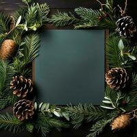 Christmas table layout with tree branches, paper card note, pine and fir cones. Xmas and New Year holidays theme. Flat lay, top view. Festive square banner template. Ai generated photo