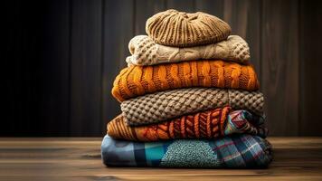 Pile of knitted winter sweaters on wooden background. Different knitting patterns on woolen clothes. Warm cozy autumn knitwear. Copy space for text. AI generated photo