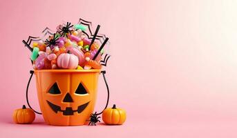 Orange pumpkin pail with Halloween candy isolated on pink background. Horizontal panoramic banner template with copy space. Halloween party concept. Illustration AI Generative photo