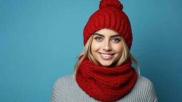 Happy young blonde woman smiling and standing isolated on blue background wearing red warm knitted scarf and hat. Looking camera. Copy space. AI Generated photo