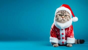 linda gato en Papa Noel claus disfraz aislado en azul antecedentes. contento nuevo año. gris británico gatito en festivo Navidad rojo y blanco atuendo. bandera modelo con Copiar espacio. ai generado foto