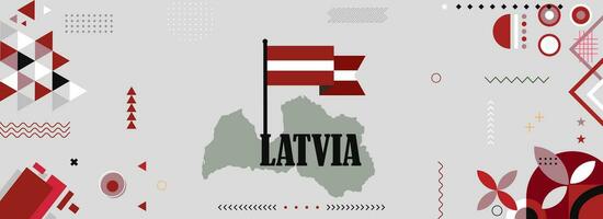 Map and flag of Latvia for national or independance day banner with raised hands or fists., flag colors theme background and geometric abstract retro modern colorfull design vector