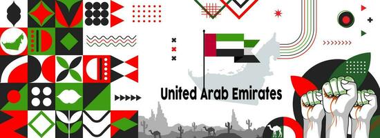 Map and flag of united arab emirates national or independance day banner with typography. flag colors theme background and geometric abstract retro modern colorfull design vector