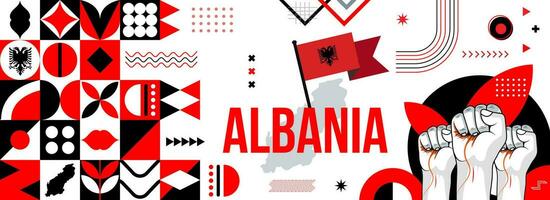 Map and flag of Albania national or independance day banner with raised hands or fists., flag colors theme background and geometric abstract retro modern colorfull design vector