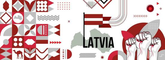 Map and flag of Latvia for national or independance day banner with raised hands or fists., flag colors theme background and geometric abstract retro modern colorfull design vector