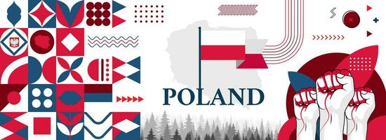 Poland National or Independence Day abstract banner design with flag and map. Flag color theme geometric pattern retro modern Illustration design. vector