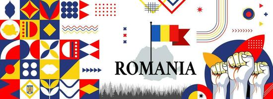 Map and flag of romania national or independance day banner with raised hands or fists. flag colors theme background and geometric abstract retro modern colorfull design vector