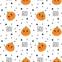 Happy halloween wrapping. Seamless pattern with angry pumpkin with dots and boo for kids background, fabric, posters, textile. Cute vector creepy