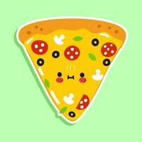 Pizza sticker character. Vector hand drawn cartoon kawaii character illustration icon. Isolated on green background. Pizza character concept