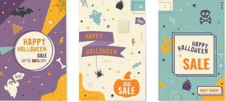 Three Happy Halloween sale banner and discount offer. Vector set of promotion templates in Memphis style for website, flier or social media marketing