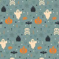 Vector seamless pattern with elements of Halloween and blue background. Illustration for web, print or wallpapers