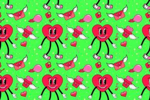 Seamless pattern with y2k style elements. Bright youth pattern with Groovy symbols. Smiling Heart and Envelope angel. Vector illustration  for textile, print and, postcard. Valentine day holiday.