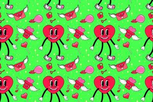 Seamless pattern with y2k style elements. Bright youth pattern with Groovy symbols. Smiling Heart and Envelope angel. Vector illustration  for textile, print and, postcard. Valentine day holiday.