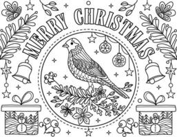 Hand drawing coloring page for kids and adults. Holiday greeting card Happy New Year 2024, Merry Christmas. Children Colouring book pictures. Christmas tree, snowflakes, bird, eve decorations, carol vector