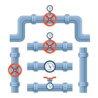 Pipe of water with valve and meter of pressure. Pipe elements. System of pipeline with valve and manometer for industry. Construction of steel tube. Vector illustration.