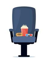 Cinema armchair with soda, popcorn and 3d glasses. Cinema poster, banner design for movie theater. Vector illustration.