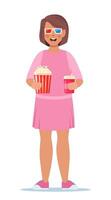 Kid stand with 3d glasses, soda and popcorn. Cinema theater entertainment for children. Vector illustration.