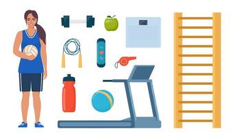 Woman dressed in sports clothes. Gym sport fitness exercise workout equipment set icons. Treadmill, dumbbells, fitness bracelet, ball, sneakers, jump rope, bottle, whistle, apple. Vector illustration.