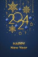 Happy New 2024 Year. Hanging Golden metallic numbers 2024 with shining snowflakes, 3D metallic stars, balls and confetti on blue background. New Year greeting card or banner template. Vector. vector