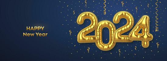 Happy New 2024 Year. Golden foil balloon numbers on blue background. High detailed 3D realistic gold foil helium balloons. Merry Christmas and Happy New Year 2024 greeting card. Vector illustration.