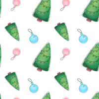 Watercolor christmas trees, blue and pink ball background. new year decorations on Christmas tree. seamless pattern for greeting cards, scrapbooking, packaging paper, fabrics, wrapping gifts png