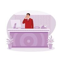 The hotel receptionist receives a call from a guest at work. Hotel Receptionist Concept. trend modern vector flat illustration